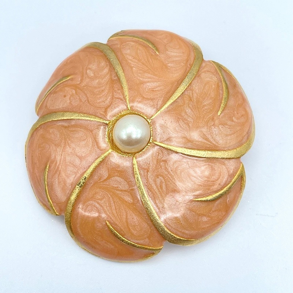 Vintage Gold Tone Peach Enamel Petal Floral Mother Of Pearl Bead Brooch Pin Boho